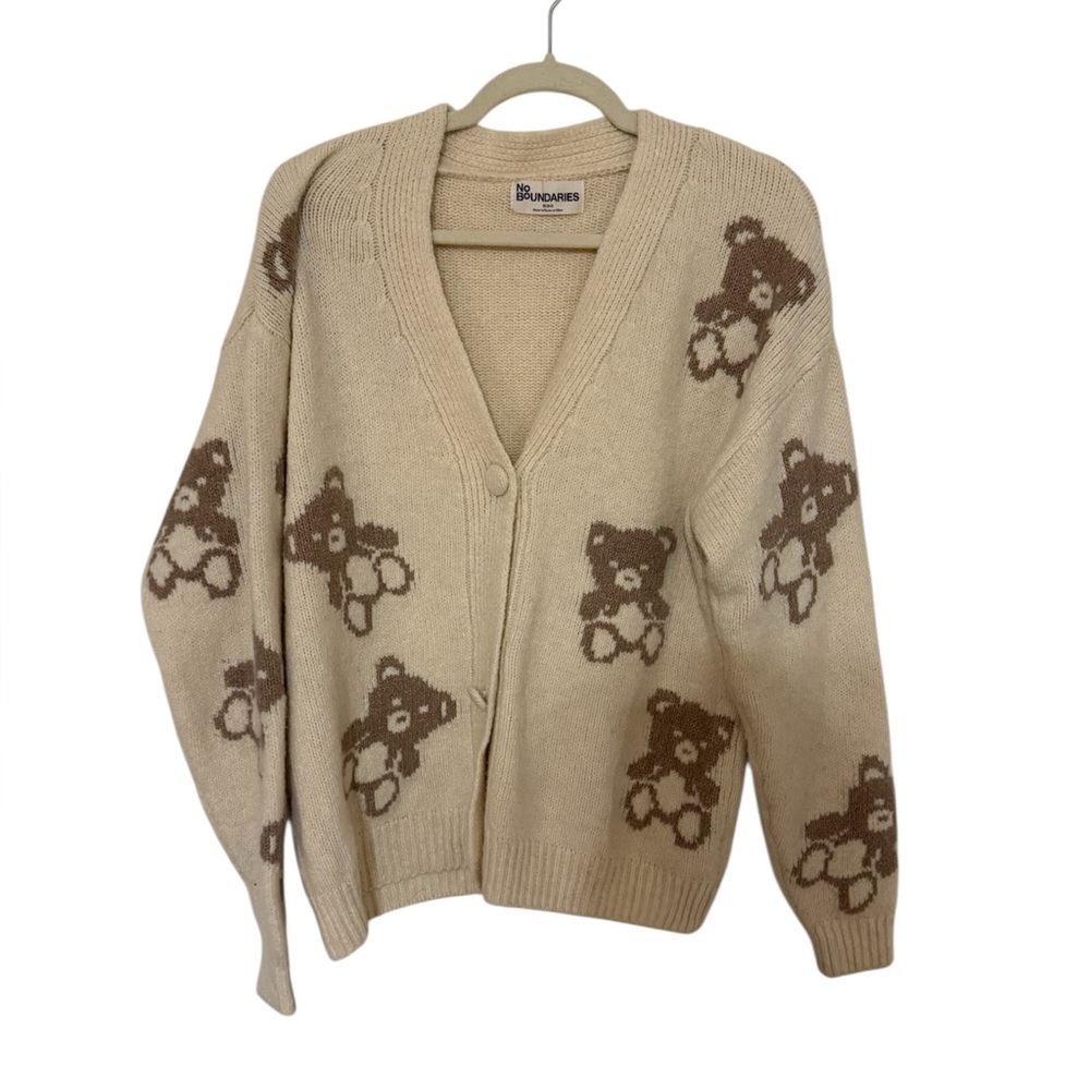 NWOT No Boundaries Beige Bear Cardigan Button Front Sweater in Size XS 0-2